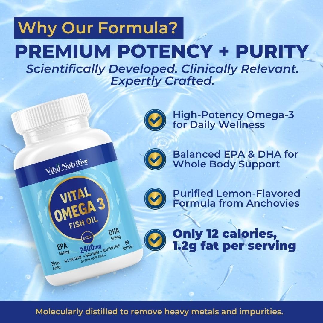 Vital Nutritive Vital Omega-3 softgels provide burp-free daily intake.