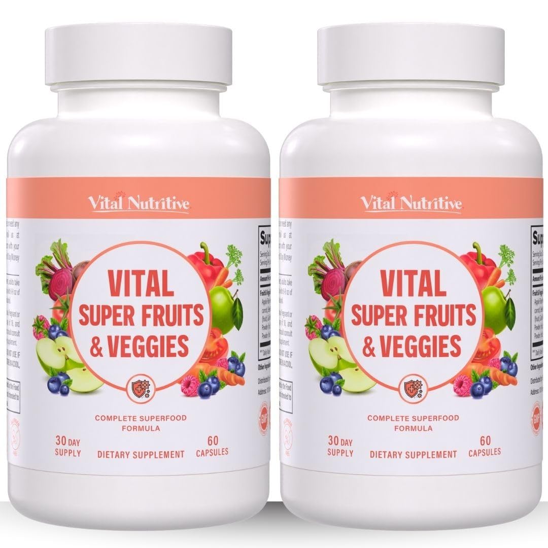Vital Nutritive Vital Super Fruits & Veggies bottle front, daily immune support.
