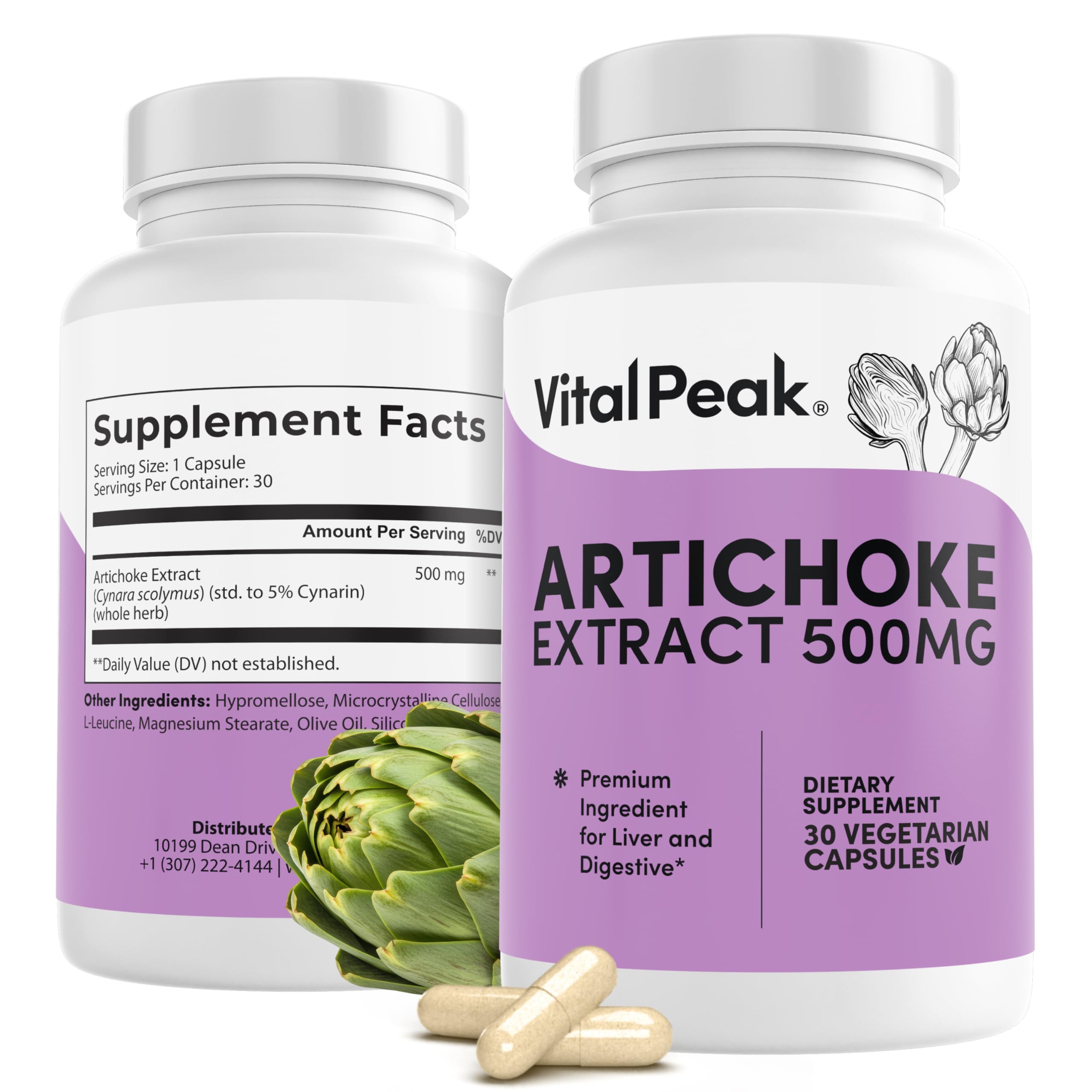 Vital Peak Artichoke 500 mg bottle front shows premium artichoke extract for digestion support