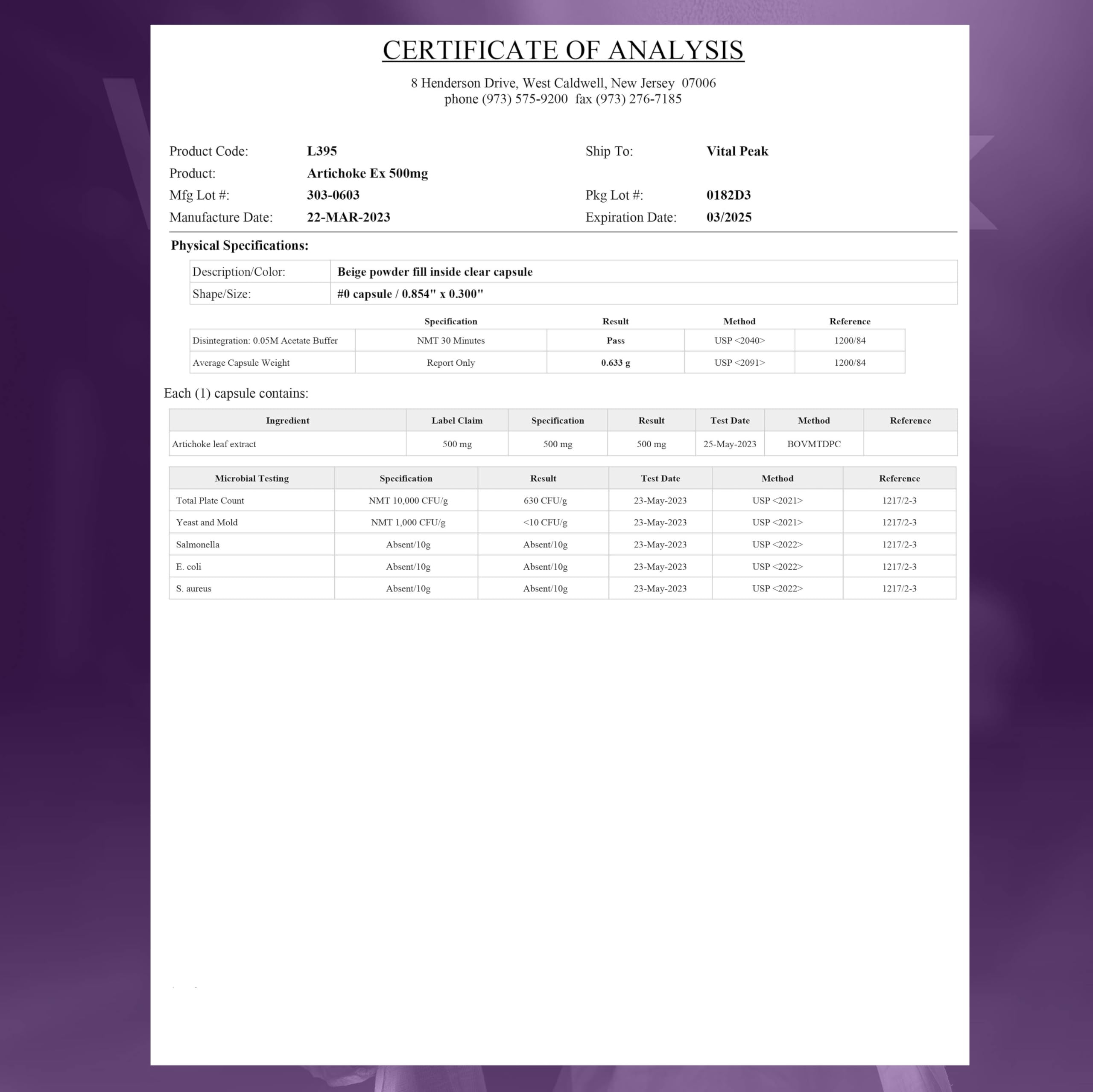 Vital Peak Artichoke gluten free seal reinforces allergen free formulation