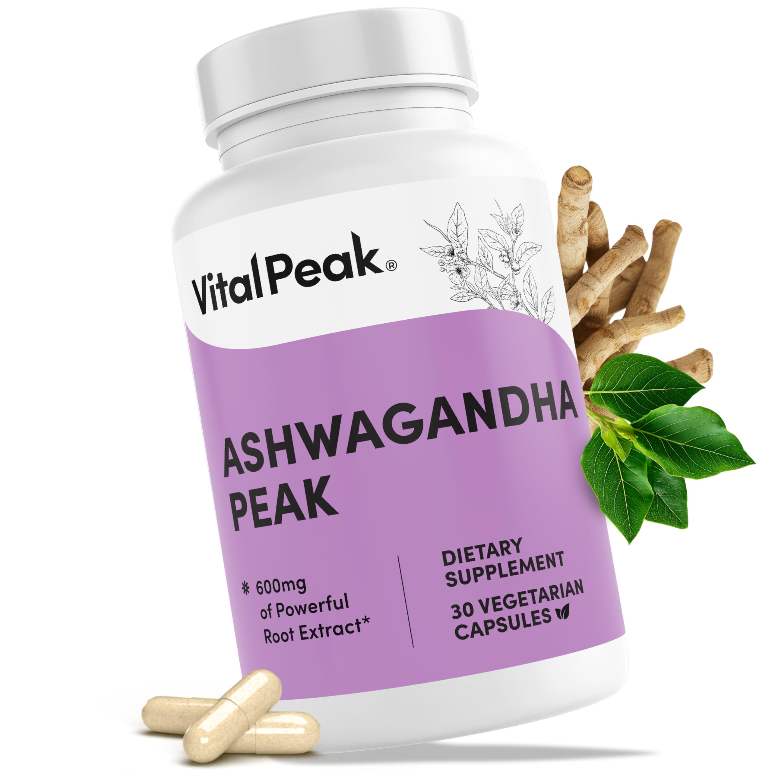 Vital Peak Ashwagandha 600mg capsules on a blister pack for daily stress support.