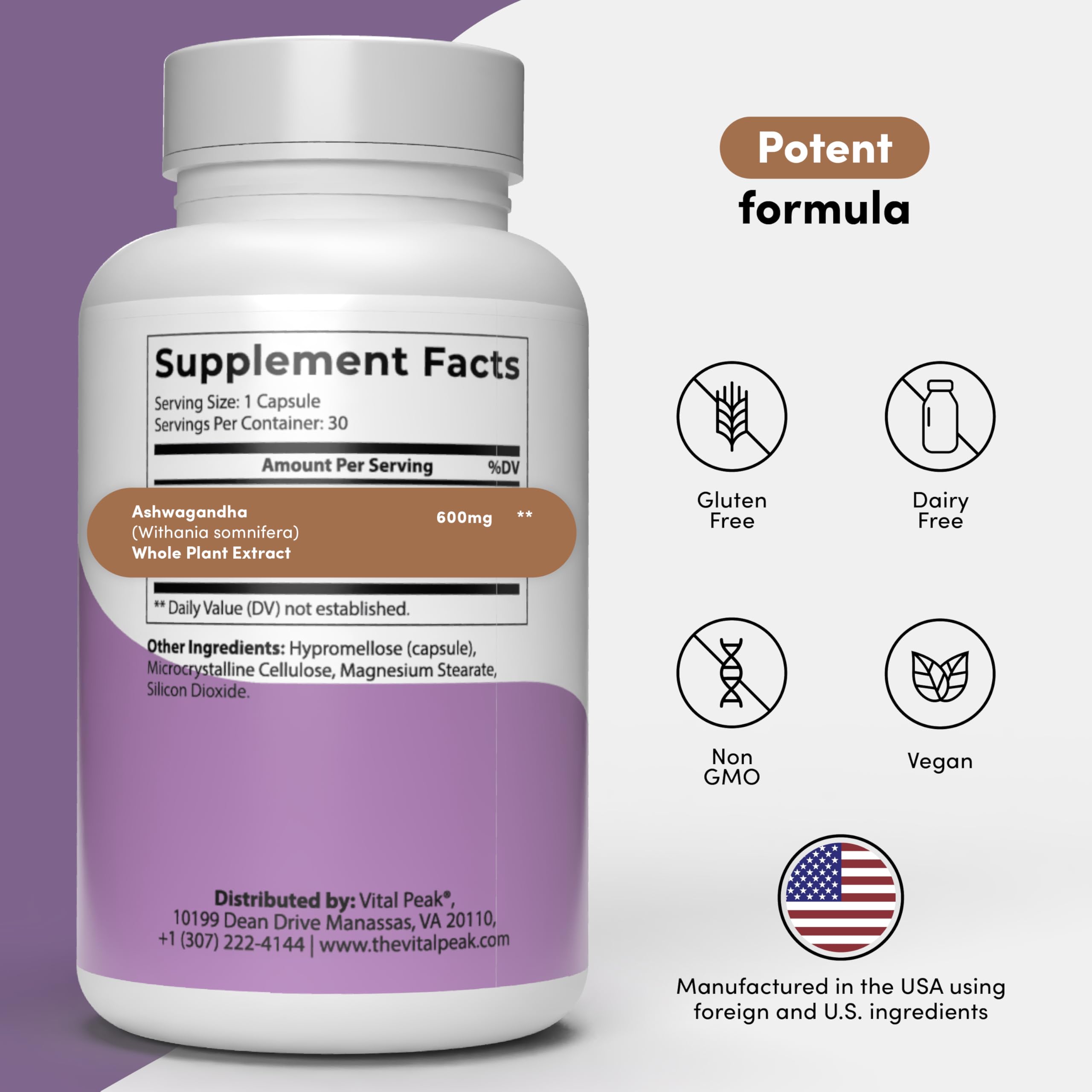 Vital Peak Ashwagandha bottle front showing clean vegan, gluten-free labeling.