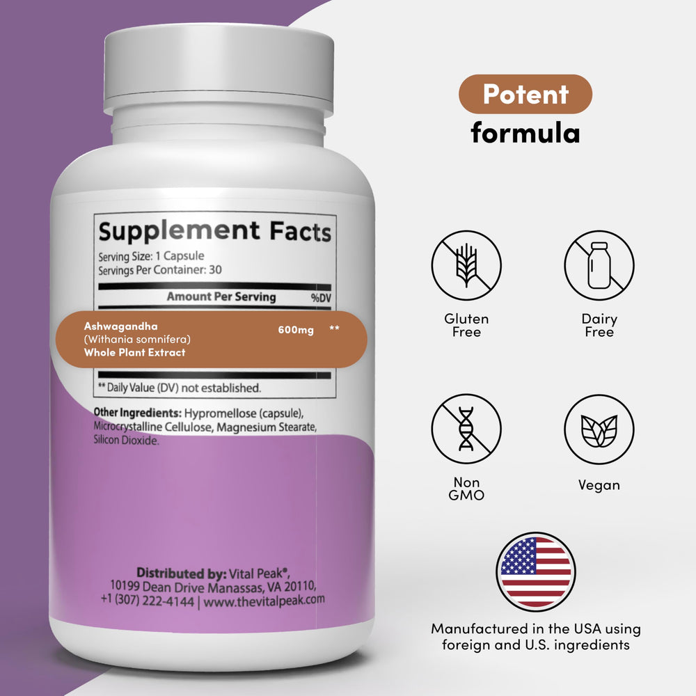 Vital Peak Ashwagandha bottle front showing clean vegan, gluten-free labeling.