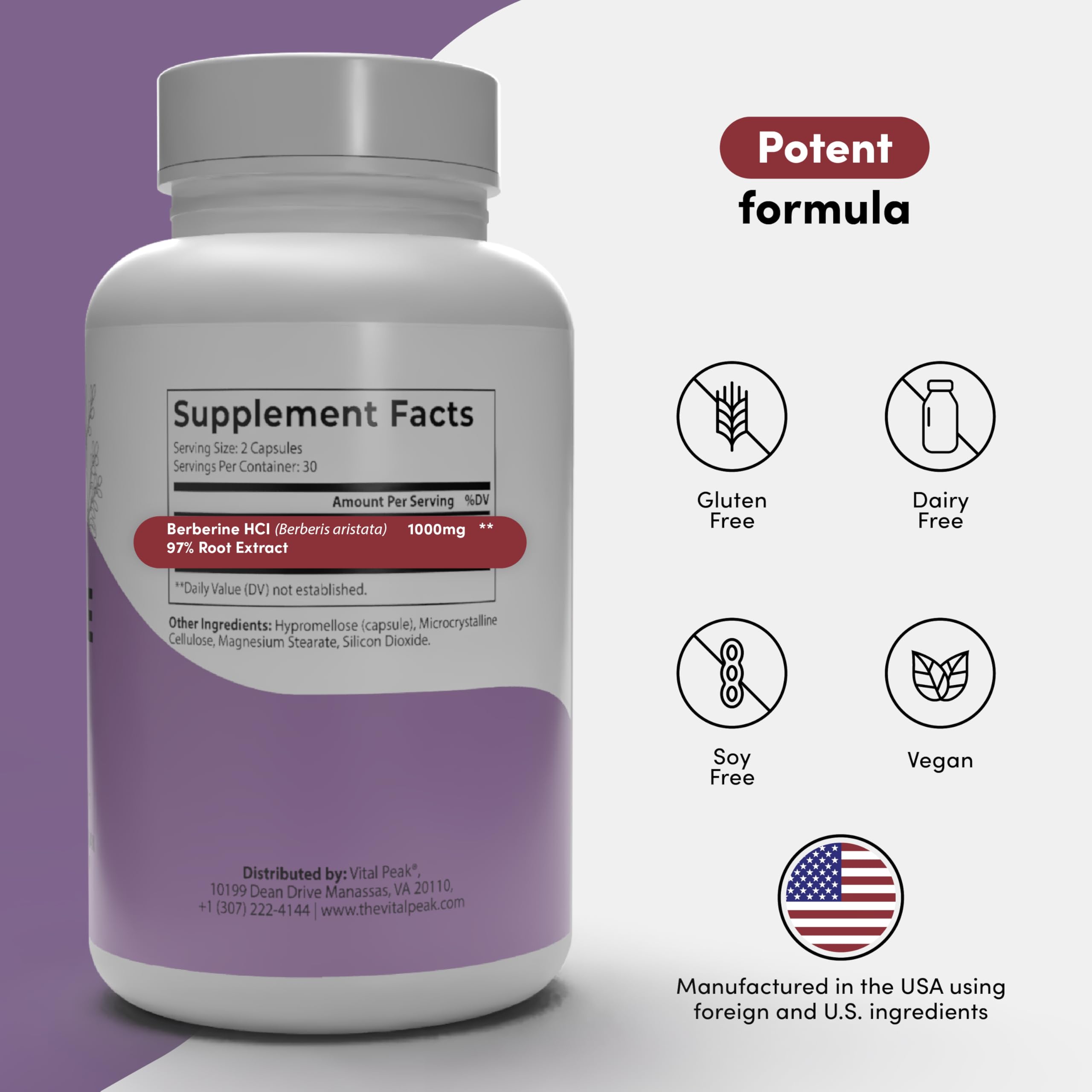 Vital Peak Berberine capsules close-up emphasizes vegan, gluten-free formulation