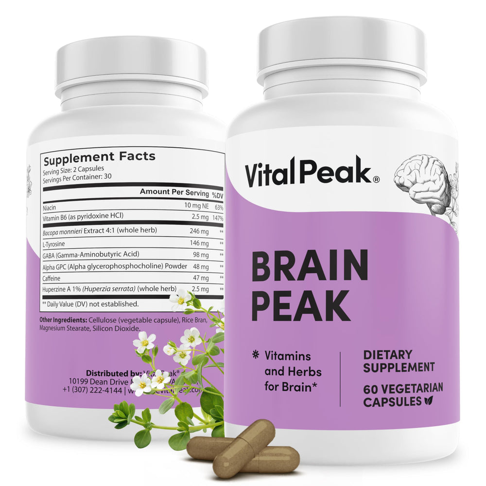 Vital Peak Brain Peak bottle on desk supports daily focus.