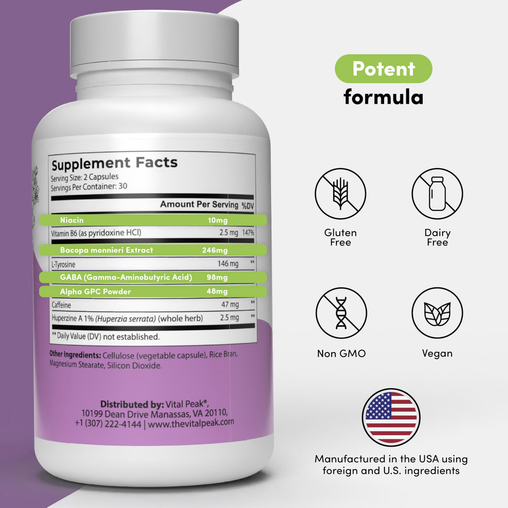 Vital Peak Brain Peak capsules closeup suggest memory support.