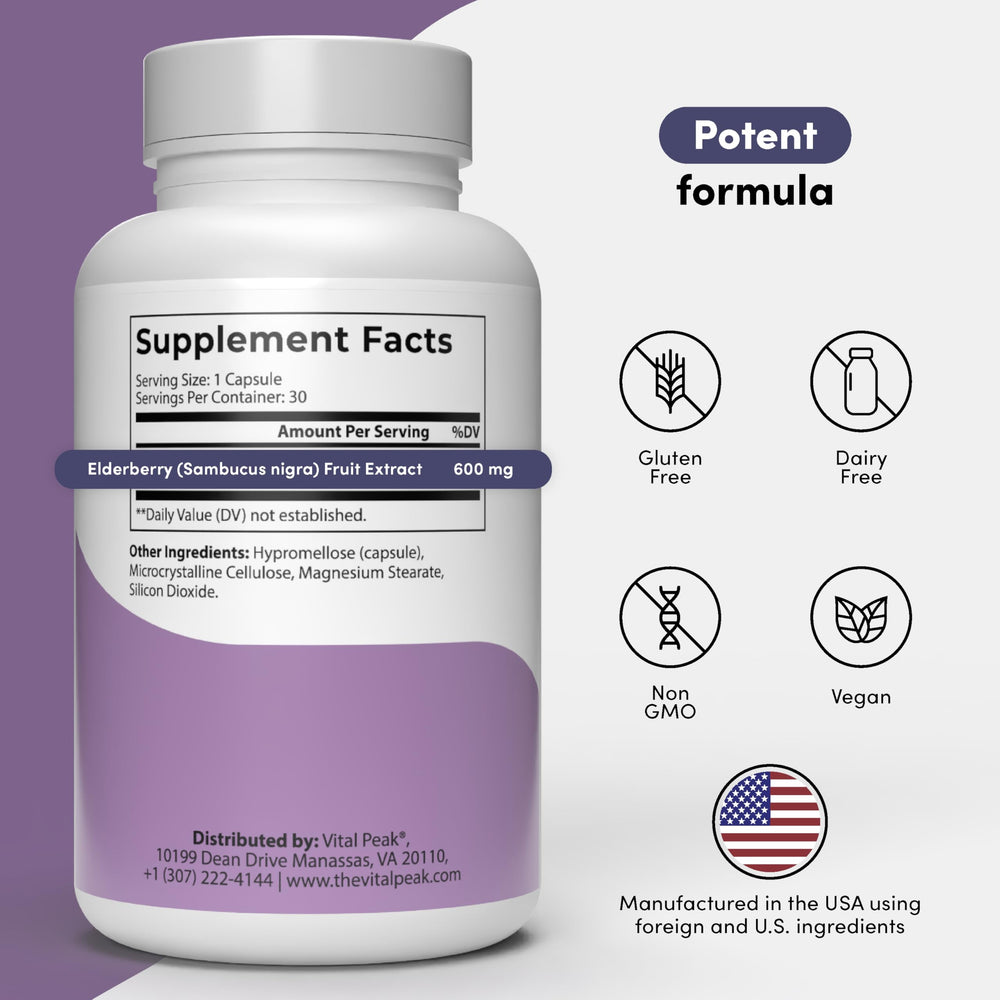 Vital Peak Elderberry 600mg capsules in capsule close-up highlight convenient daily wellness support
