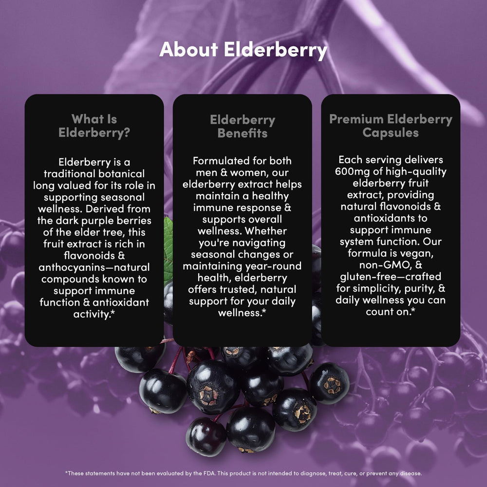 Vital Peak elderberry packaging display communicates a vegan, gluten-free, non-GMO supplement