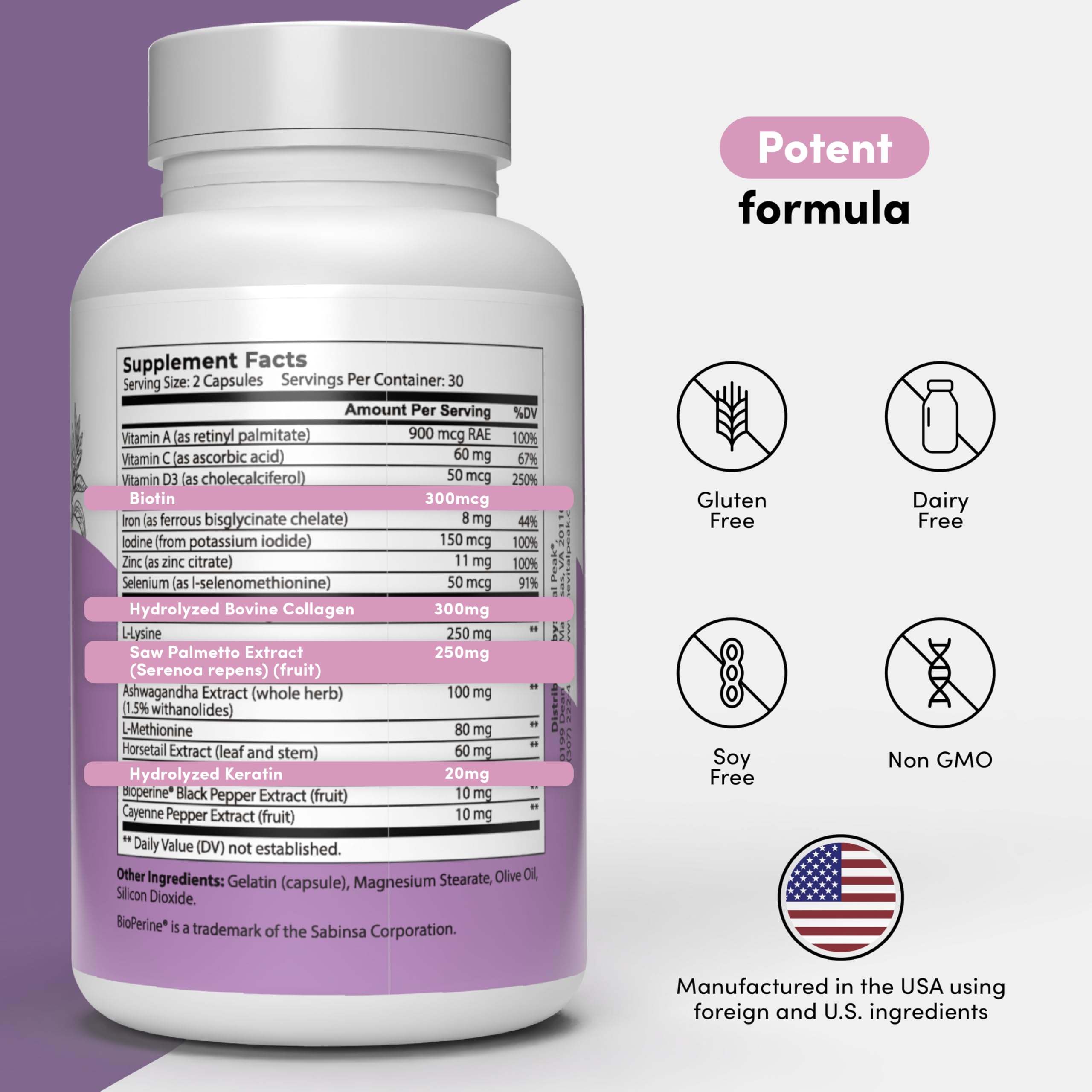Hair Peak capsules side view highlighting compact, easy-to-take daily vitamins