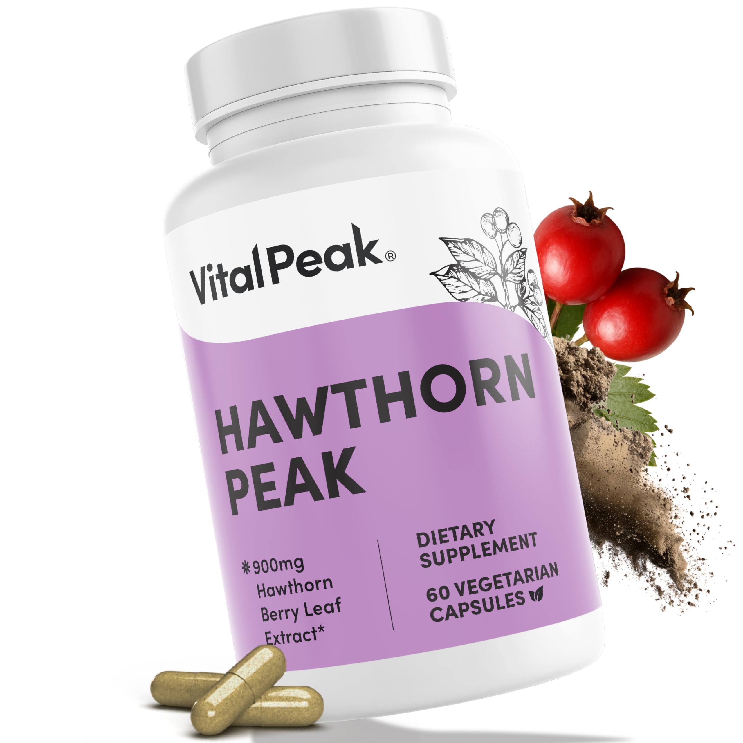Vital Peak Hawthorn Peak 900mg bottle highlighting high-potency formula.