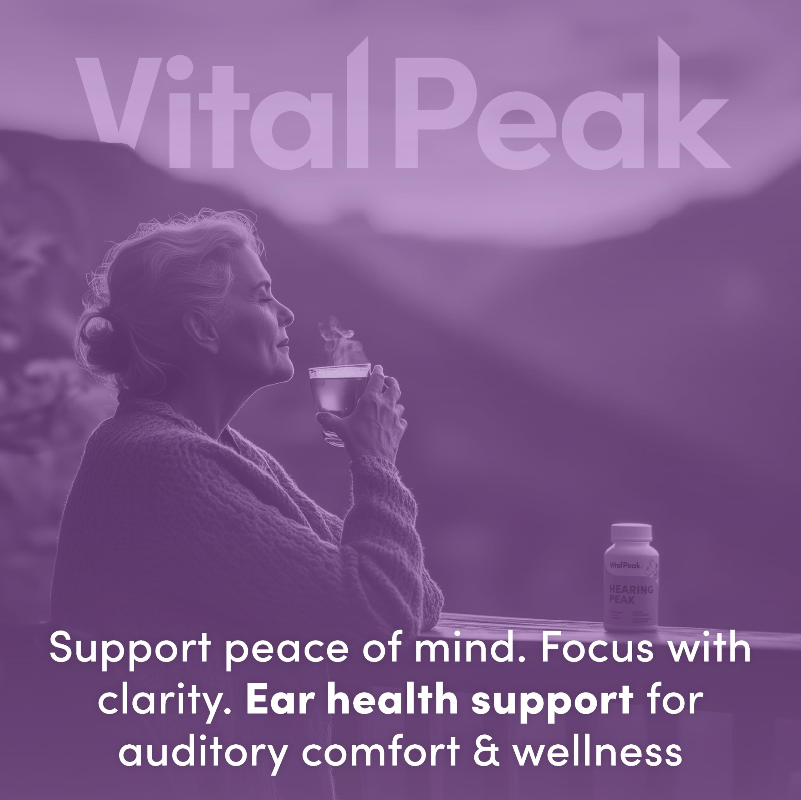 Vital Peak Hearing Peak vegan gluten-free badge signals clean ingredients