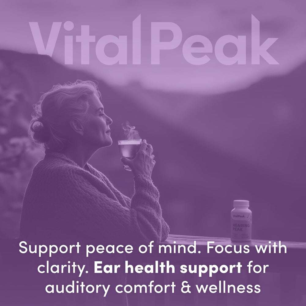 Vital Peak Hearing Peak vegan gluten-free badge signals clean ingredients