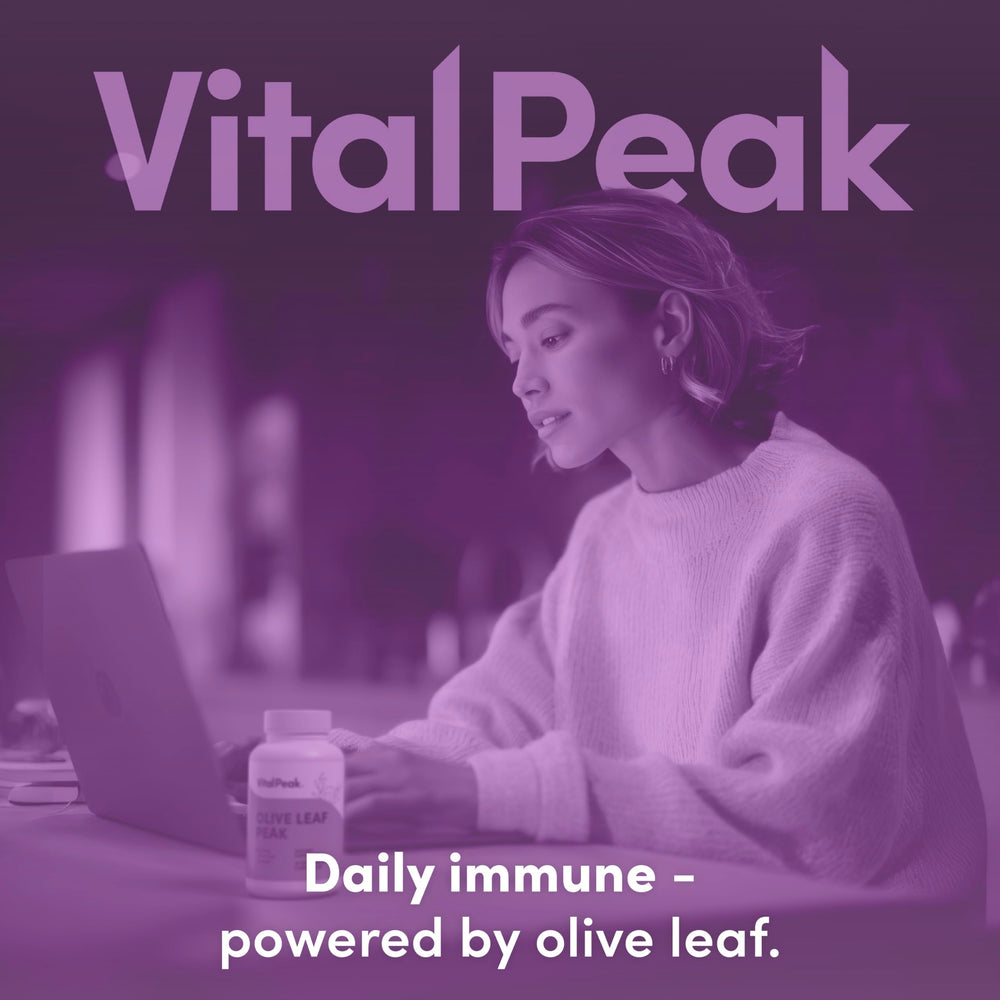 Vital Peak Olive Leaf Peak capsules on a desk implying joint comfort support with daily use