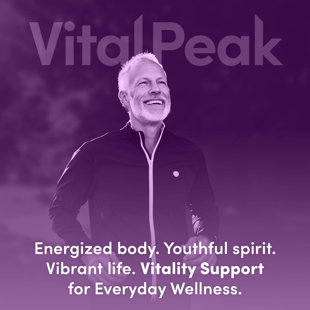 Vital Peak Longevity Peak with ashwagandha highlights natural adaptogenic support.