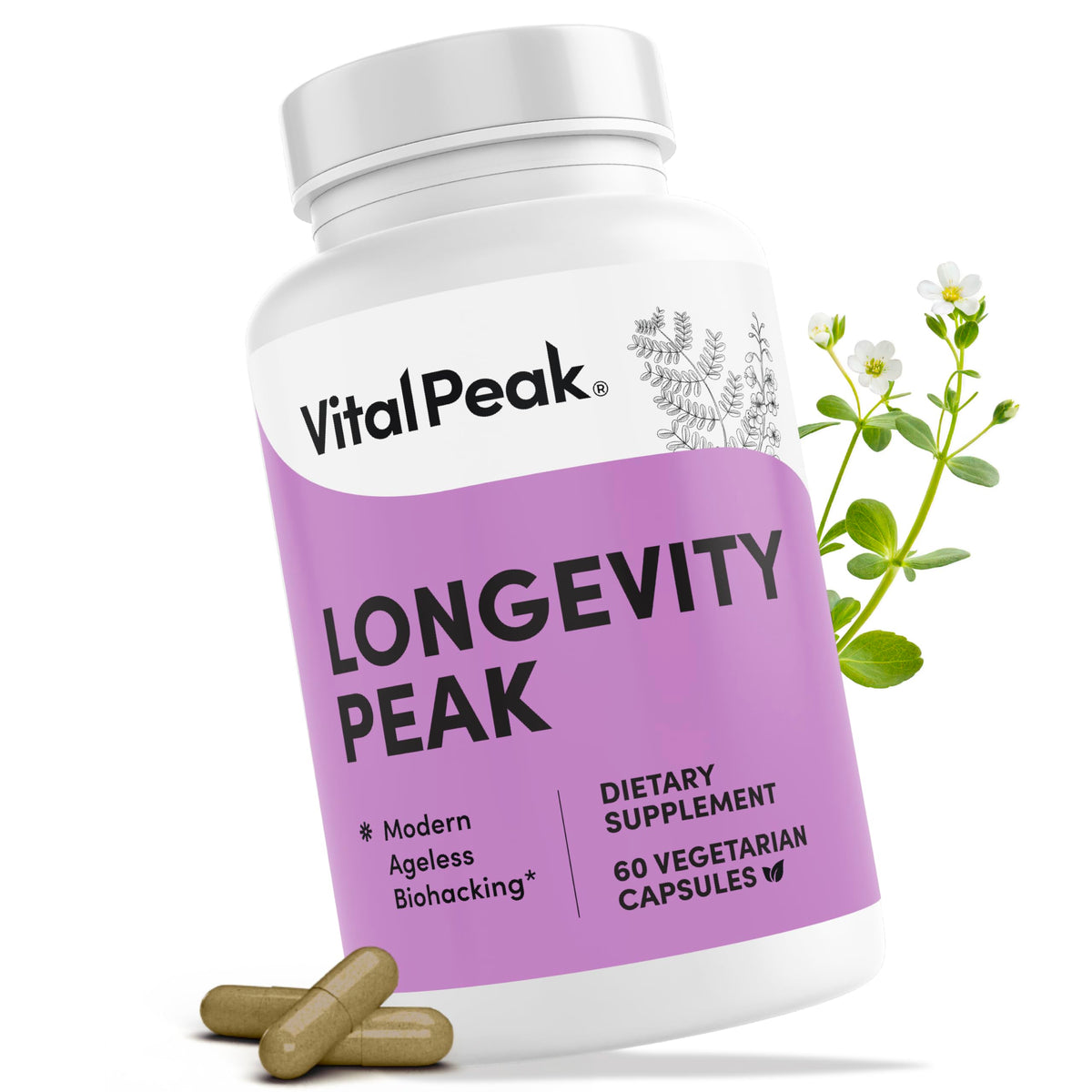 Vital Peak Longevity Peak bottle front for daily wellness support.