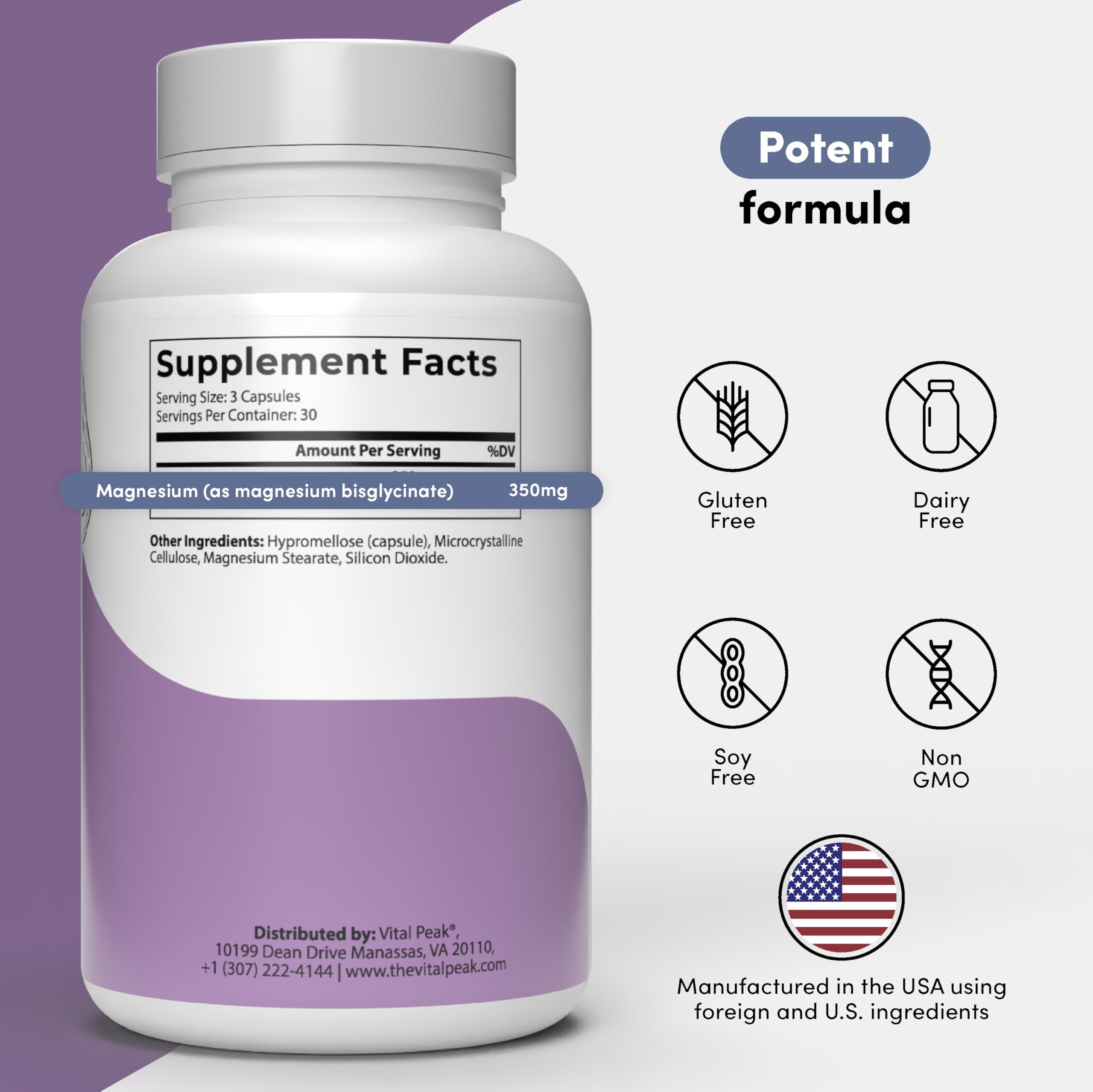 Vital Peak Magnesium label view highlighting vegan, gluten-free, non-GMO