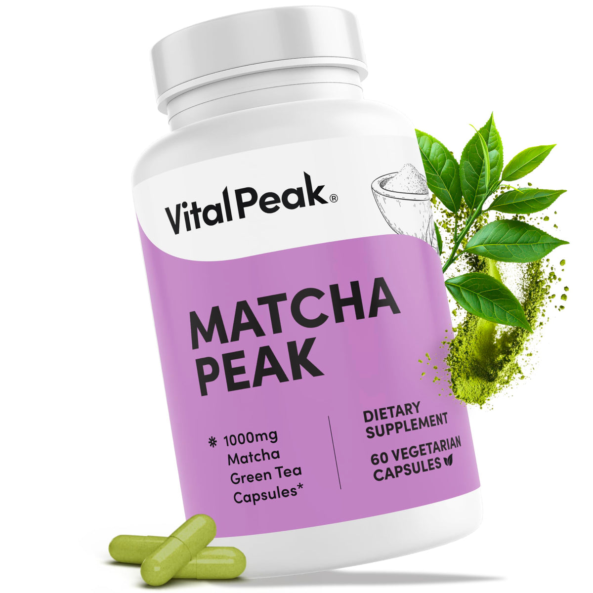 Vital Peak Matcha 1000mg bottle front suggests easy daily energy on the go