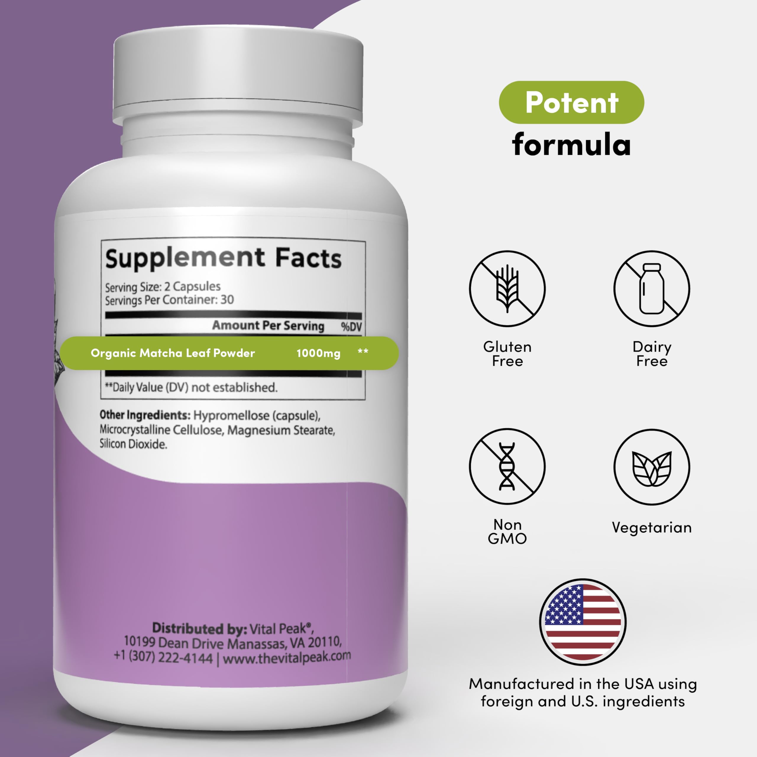 Closeup of Vital Peak matcha capsules for convenient daily focus support