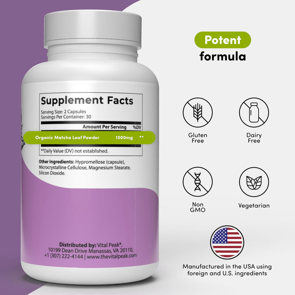 Closeup of Vital Peak matcha capsules for convenient daily focus support