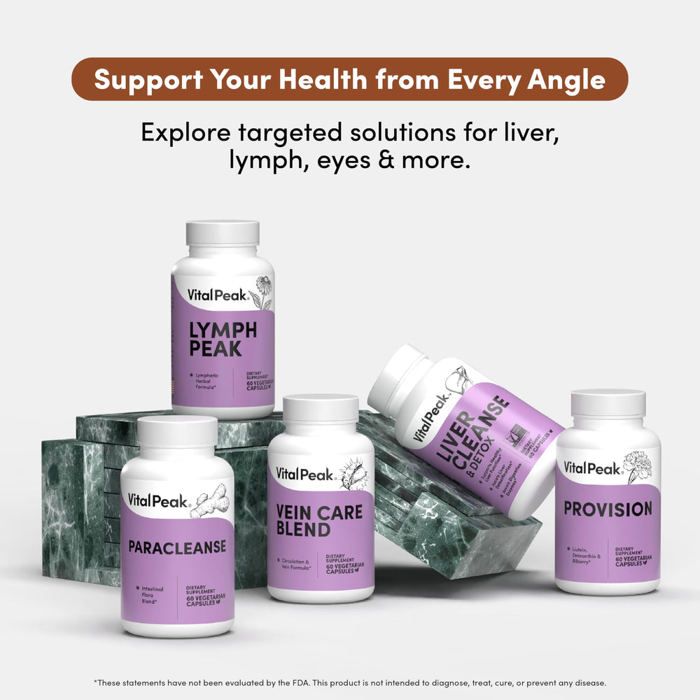 Vital Peak natural herbal supplement packaging communicates plant-powered wellness.