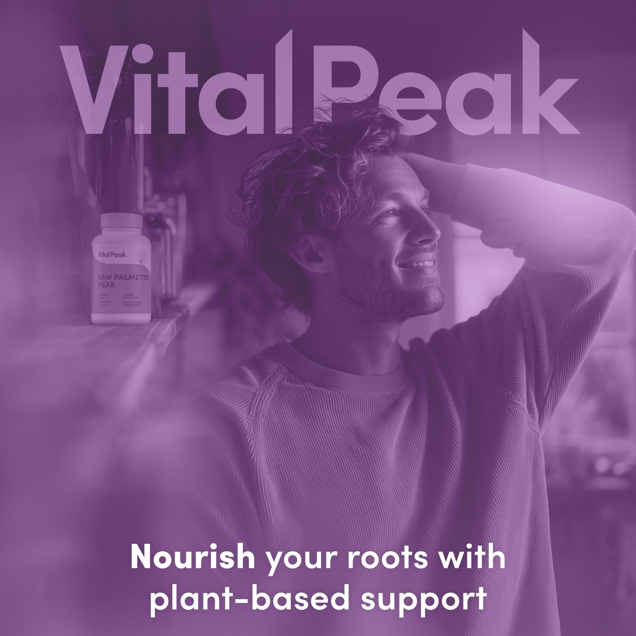 Vital Peak non-GMO badge and clean, plant-based supplement visuals.