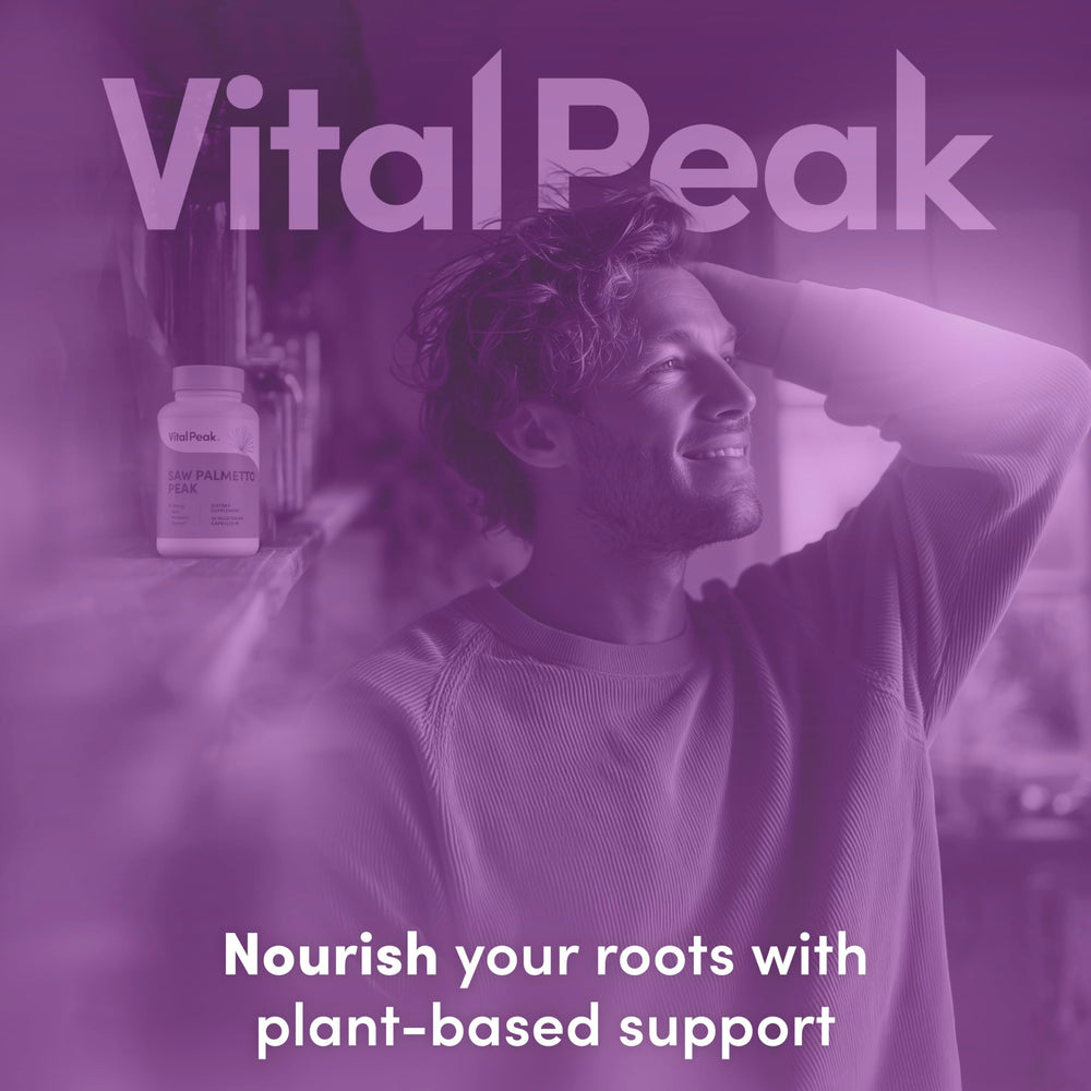 Vital Peak non-GMO badge and clean, plant-based supplement visuals.