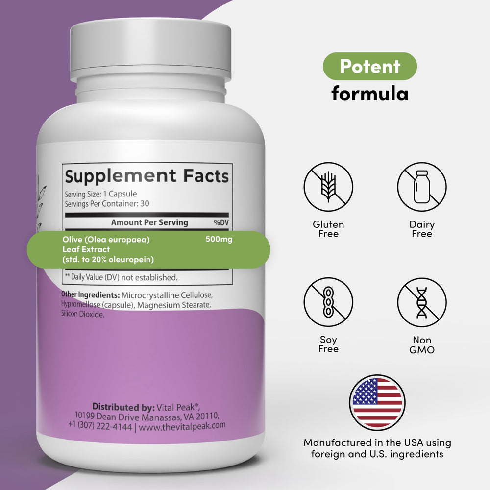 Vital Peak Olive Leaf Peak closeup highlighting oleuropein content for antioxidant support