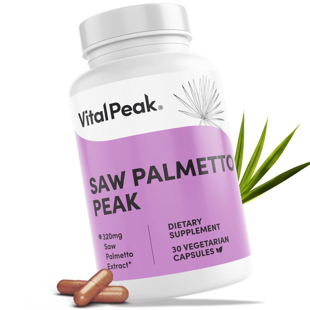 Vital Peak Saw Palmetto 320 mg bottle promoting daily urinary support.