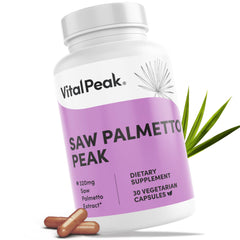 Vital Peak Saw Palmetto 320 mg bottle promoting daily urinary support.