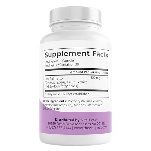 Vital Peak Saw Palmetto 320 mg capsules close-up highlighting vegan formula.