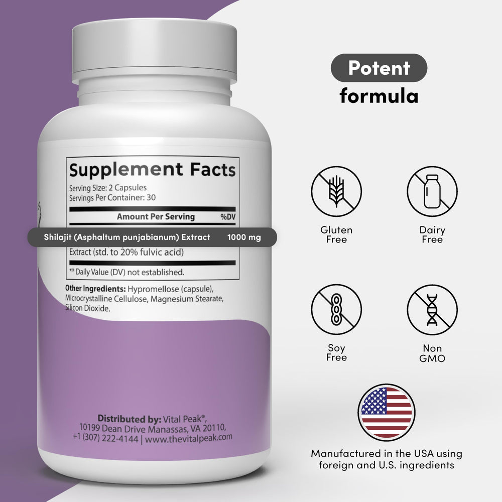 Vital Peak Shilajit ingredients label emphasizing transparency and quality.