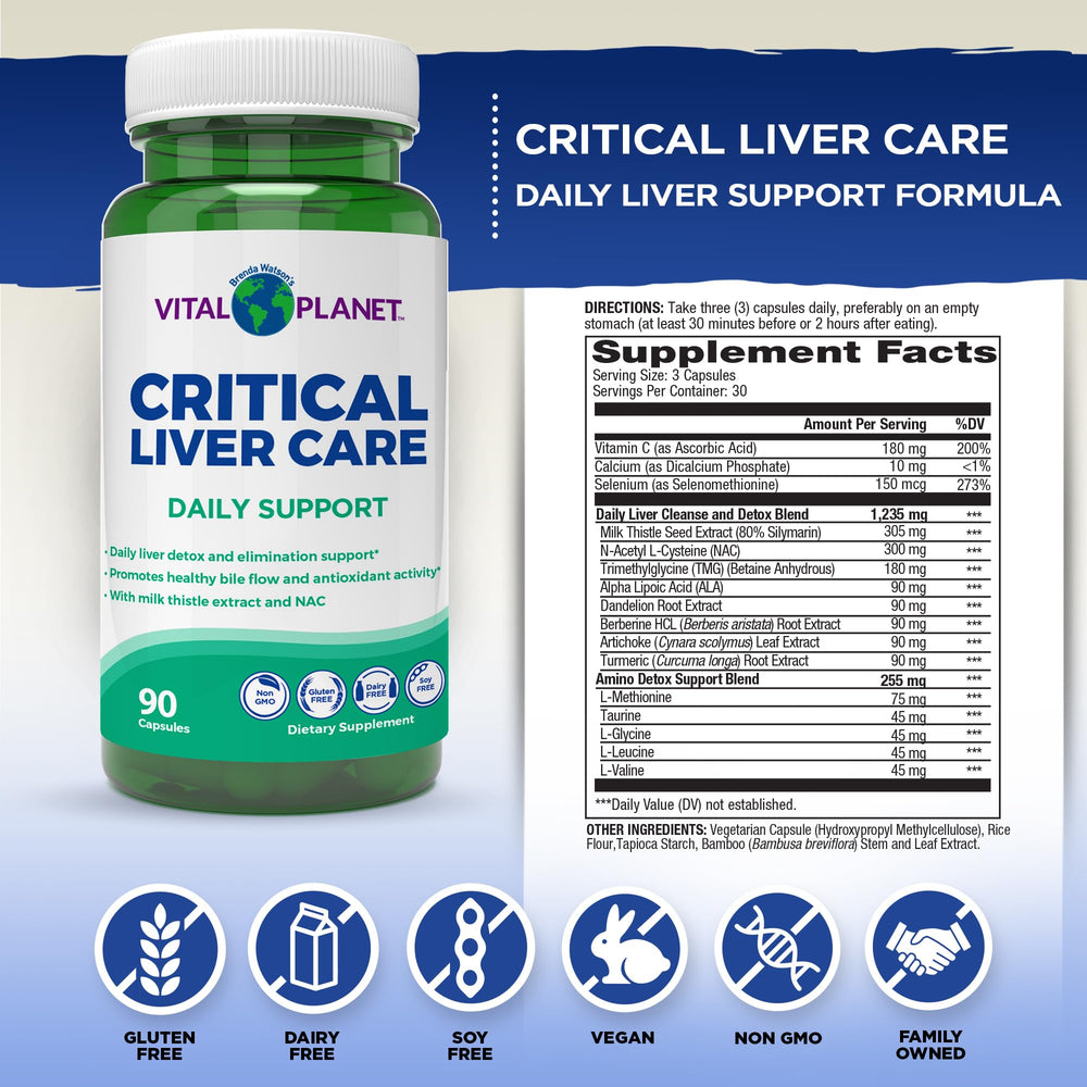 Close-up of Vital Planet Critical Liver Care capsules highlighting liver-support ingredients.