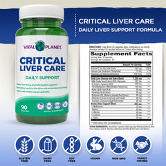 Close-up of Vital Planet Critical Liver Care capsules highlighting liver-support ingredients.