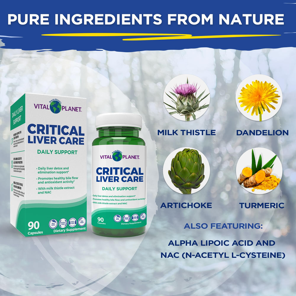 Vital Planet Critical Liver Care label detail emphasizing purity and non-GMO formula.