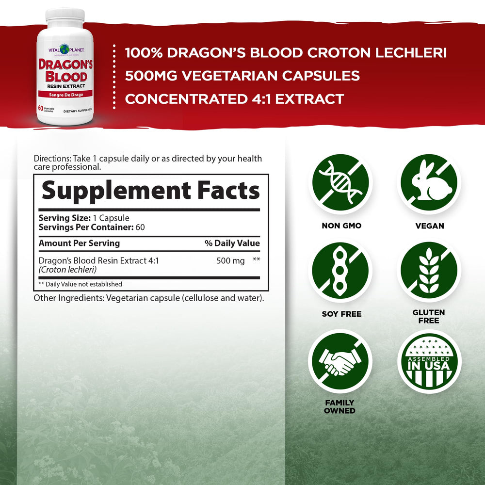 Vital Planet Dragon's Blood bottle and label shown for vegan capsules