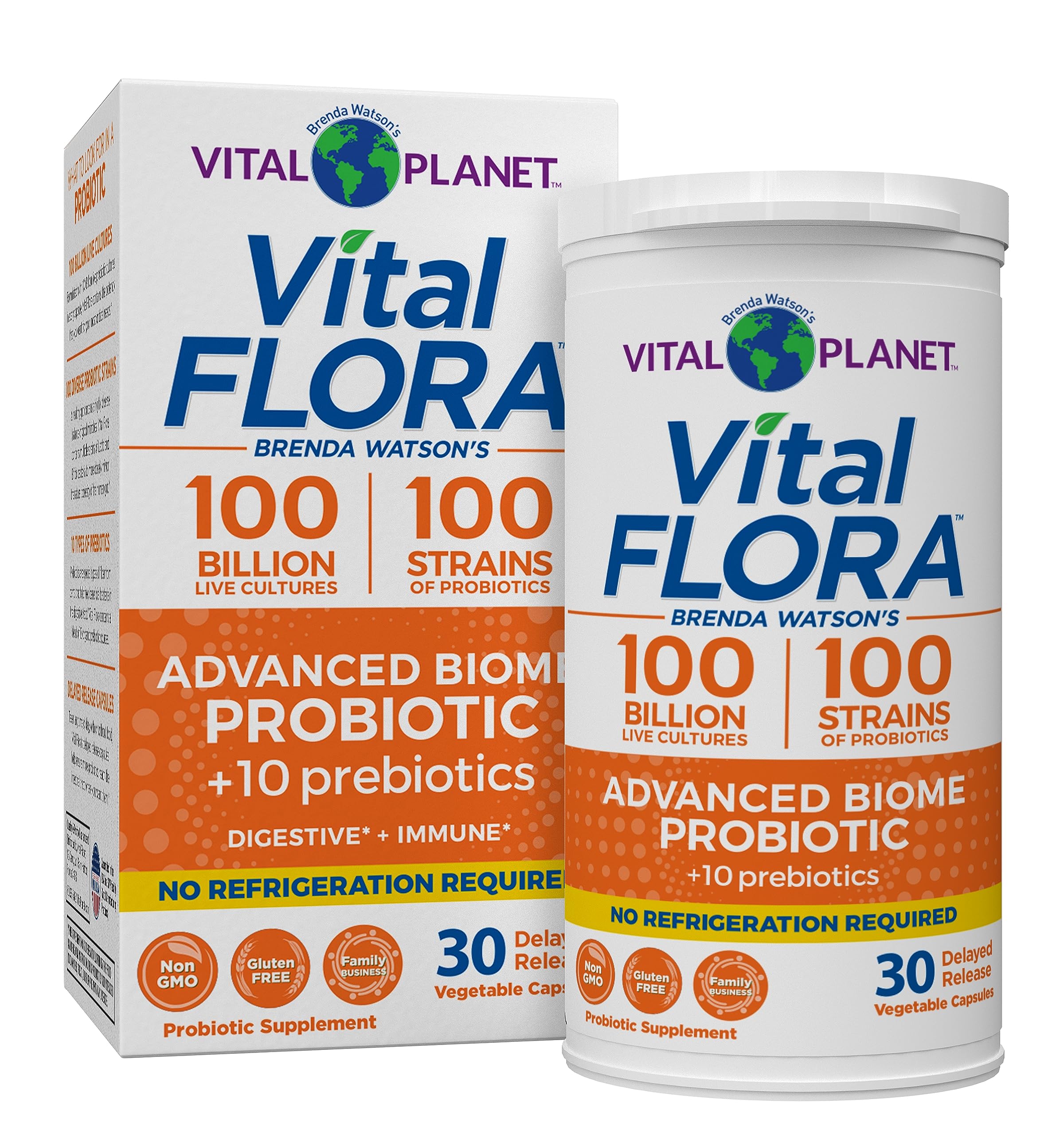 Vital Planet Vital Flora advanced probiotic bottle front promotes daily gut balance