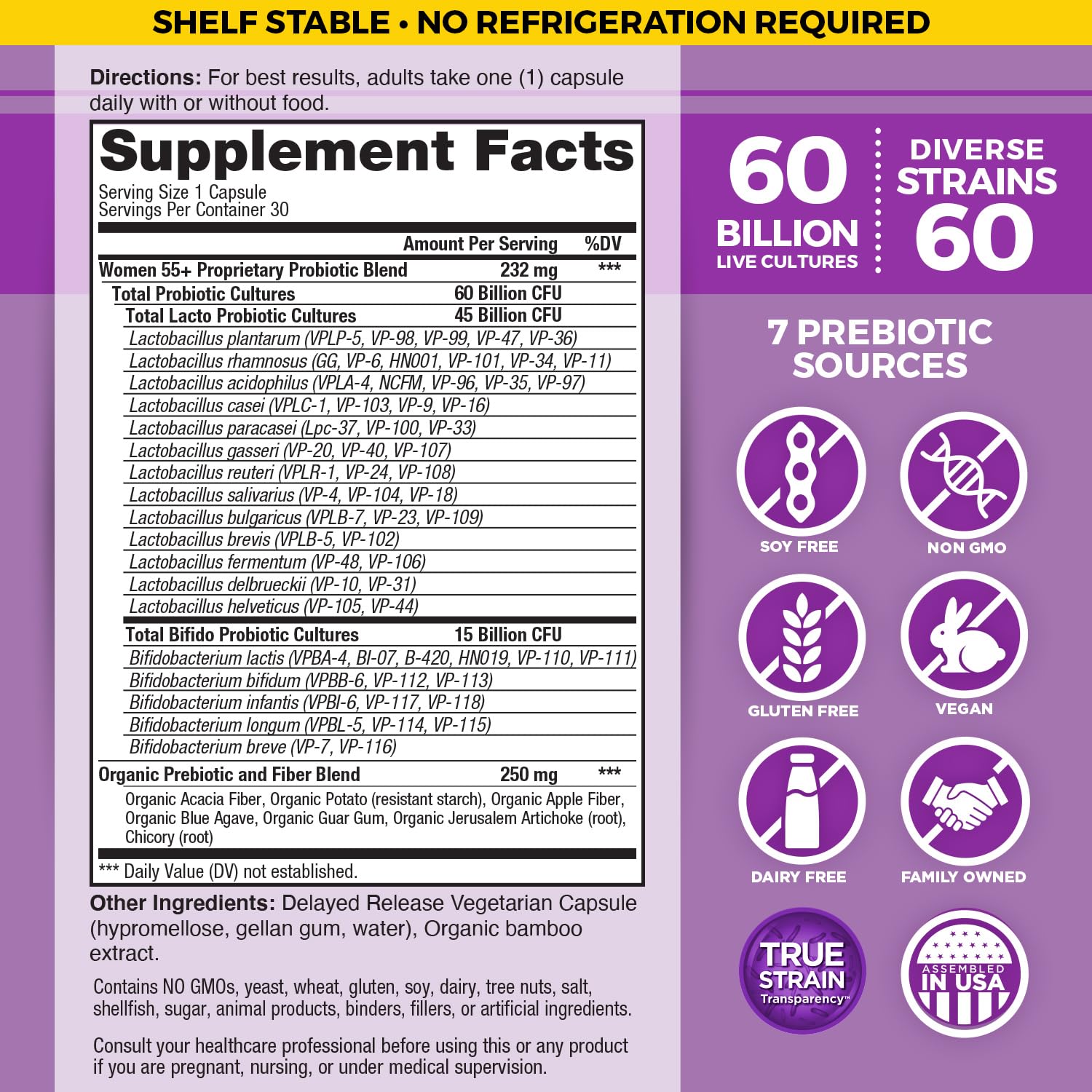 Capsules close-up showing 60B CFU and diverse strains.