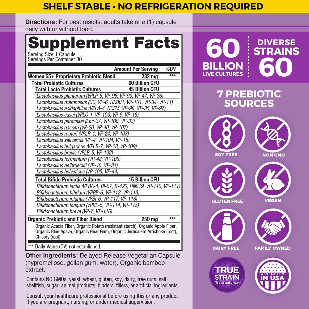 Capsules close-up showing 60B CFU and diverse strains.