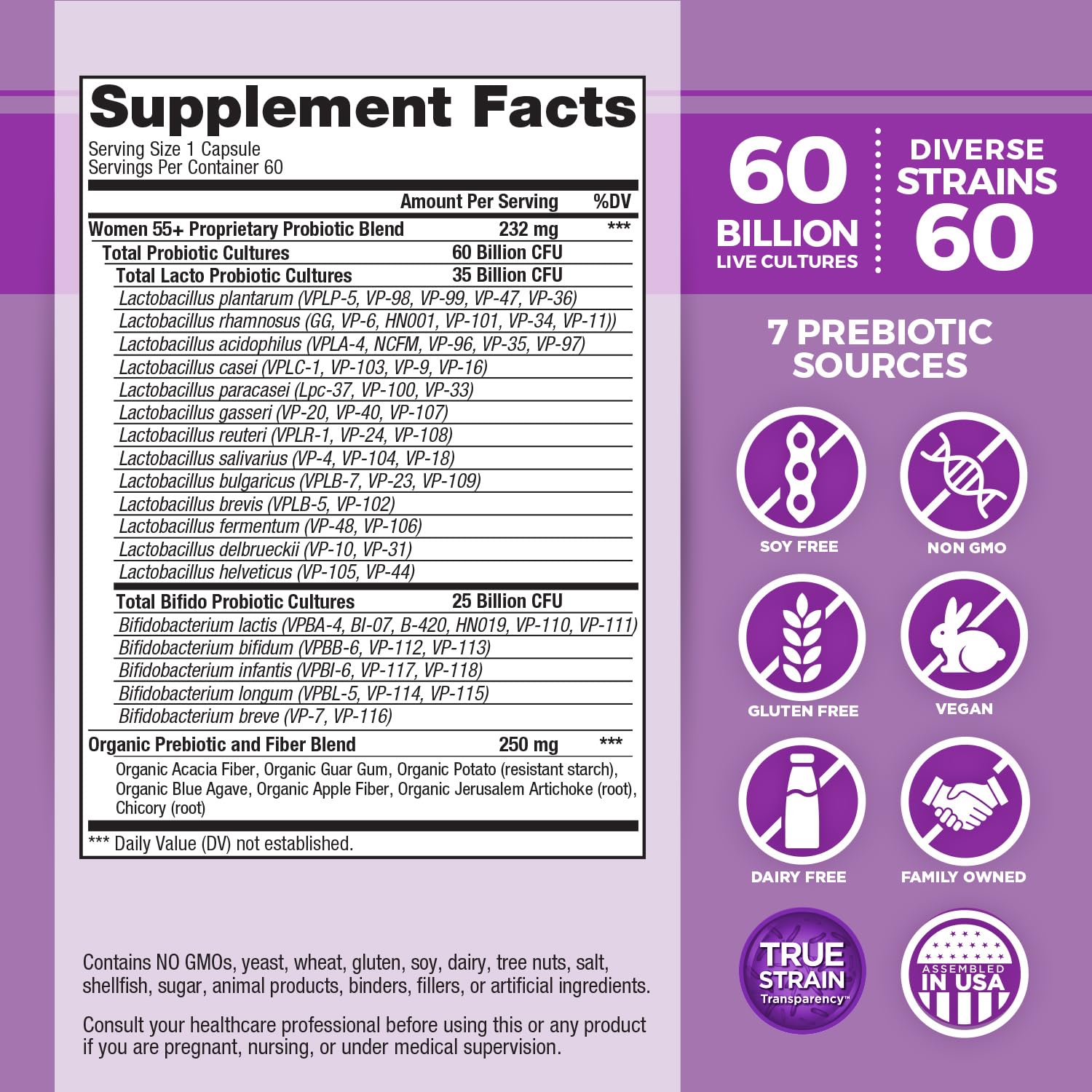 Vital Planet Vital Flora Women 55+ bottle back detailing ingredients and prebiotics