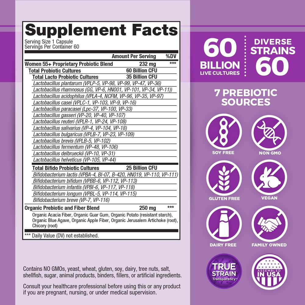 Vital Planet Vital Flora Women 55+ bottle back detailing ingredients and prebiotics