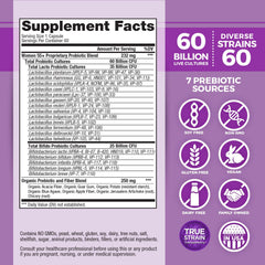 Vital Planet Vital Flora Women 55+ bottle back detailing ingredients and prebiotics