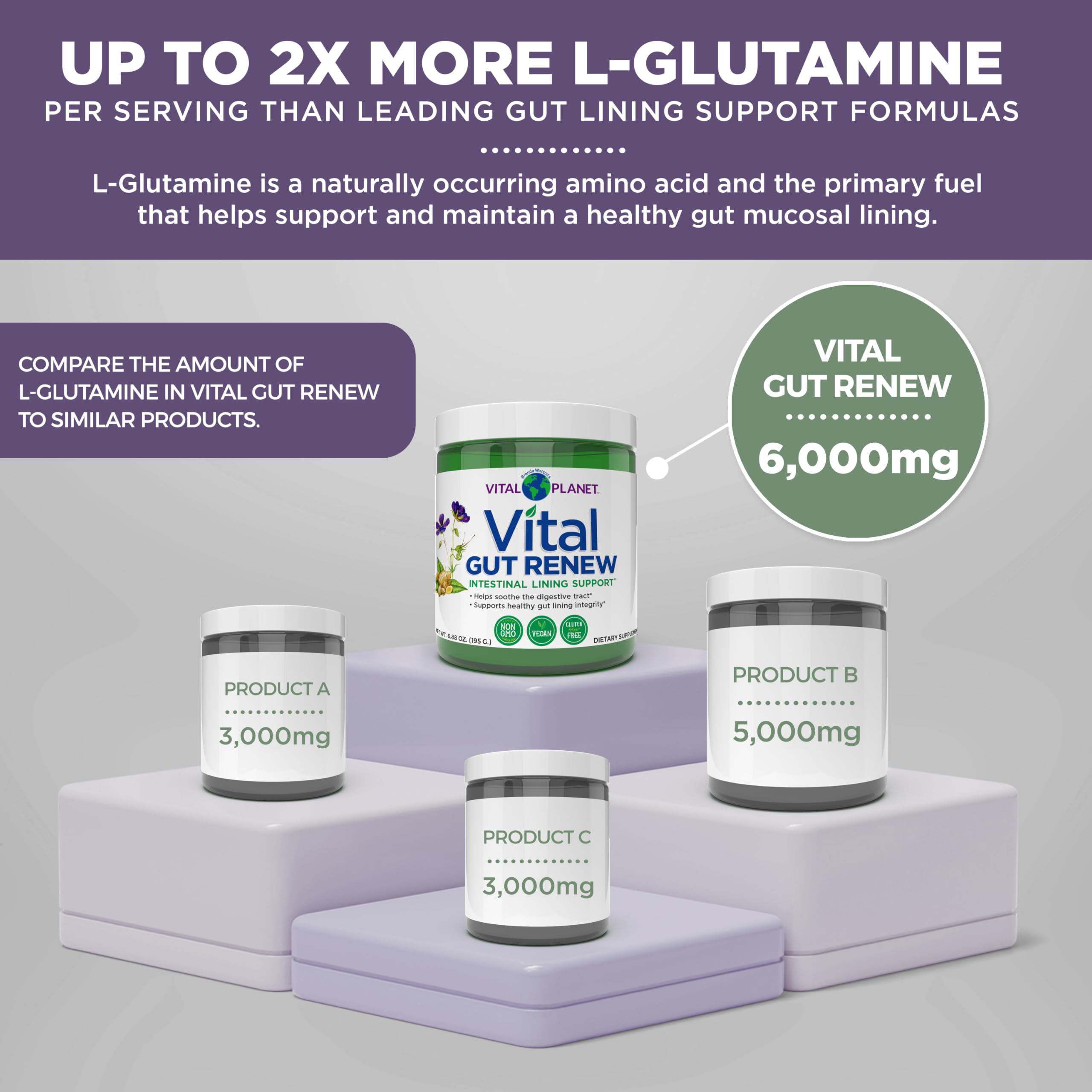 Label details of Vital Gut Renew highlighting vegan and non-GMO attributes