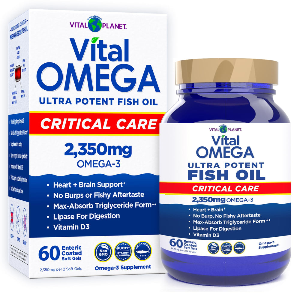 Vital Omega Critical Care bottle front showing high-potency omega-3 blend for daily support.