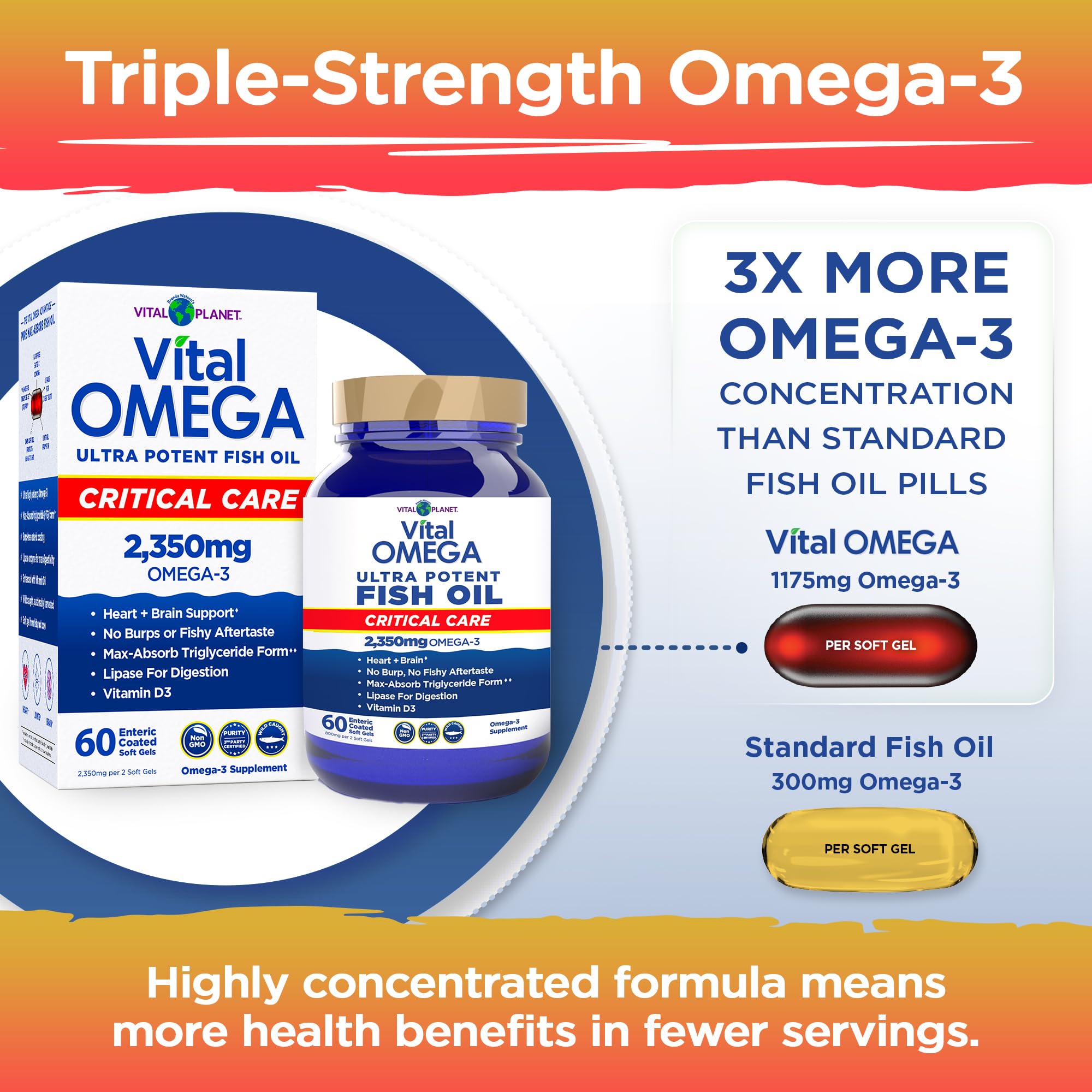 Lipase and enteric coating visuals convey enhanced digestibility in Vital Omega Critical Care.