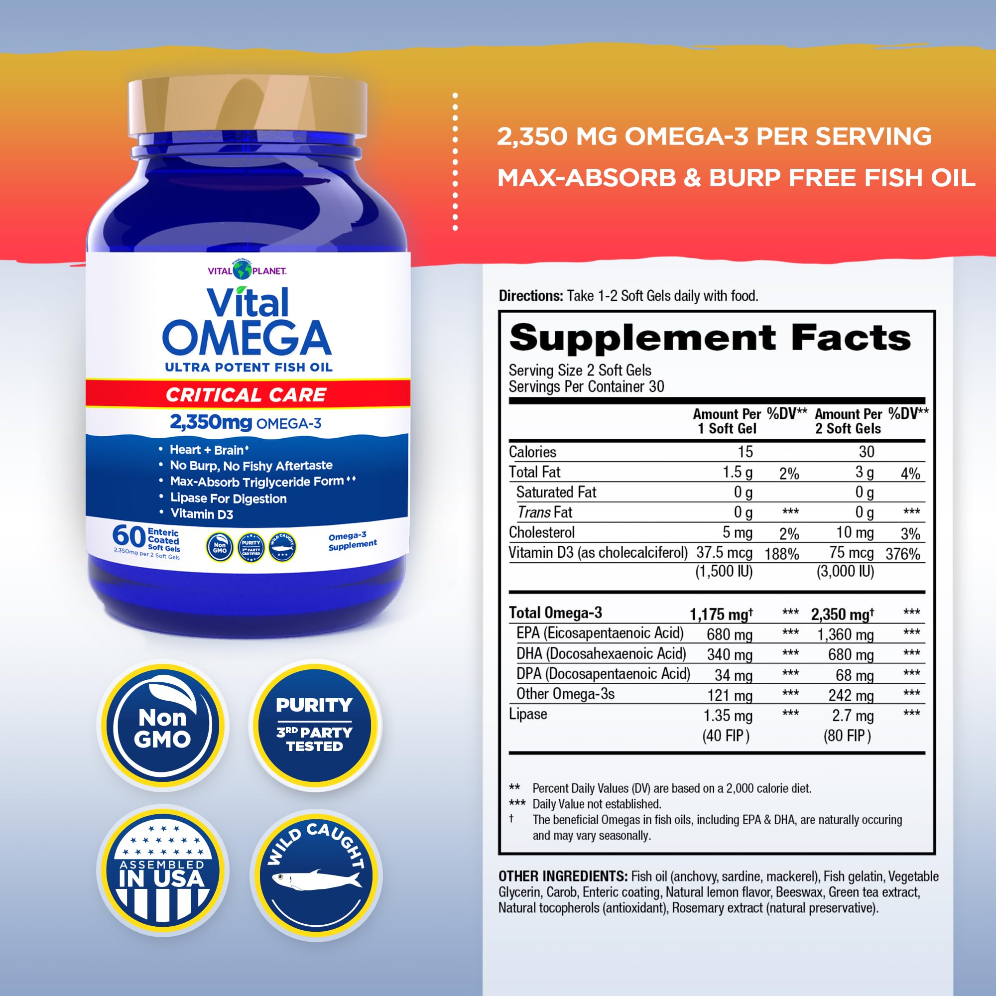 Closeup of Vital Omega Critical Care softgels emphasizing easy-to-swallow capsules.