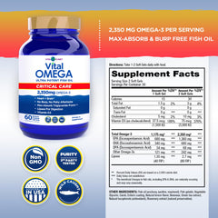 Closeup of Vital Omega Critical Care softgels emphasizing easy-to-swallow capsules.