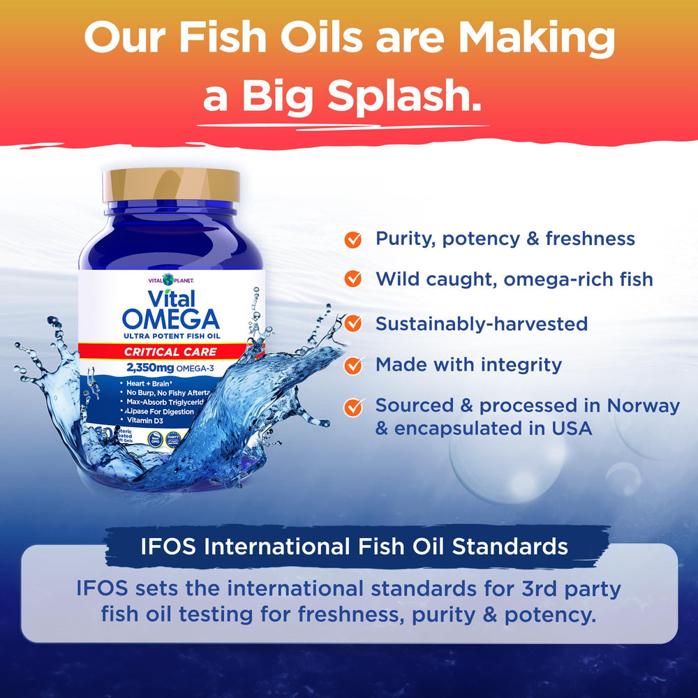 Wild-caught sourcing image signals sustainable origins for Vital Omega Critical Care.