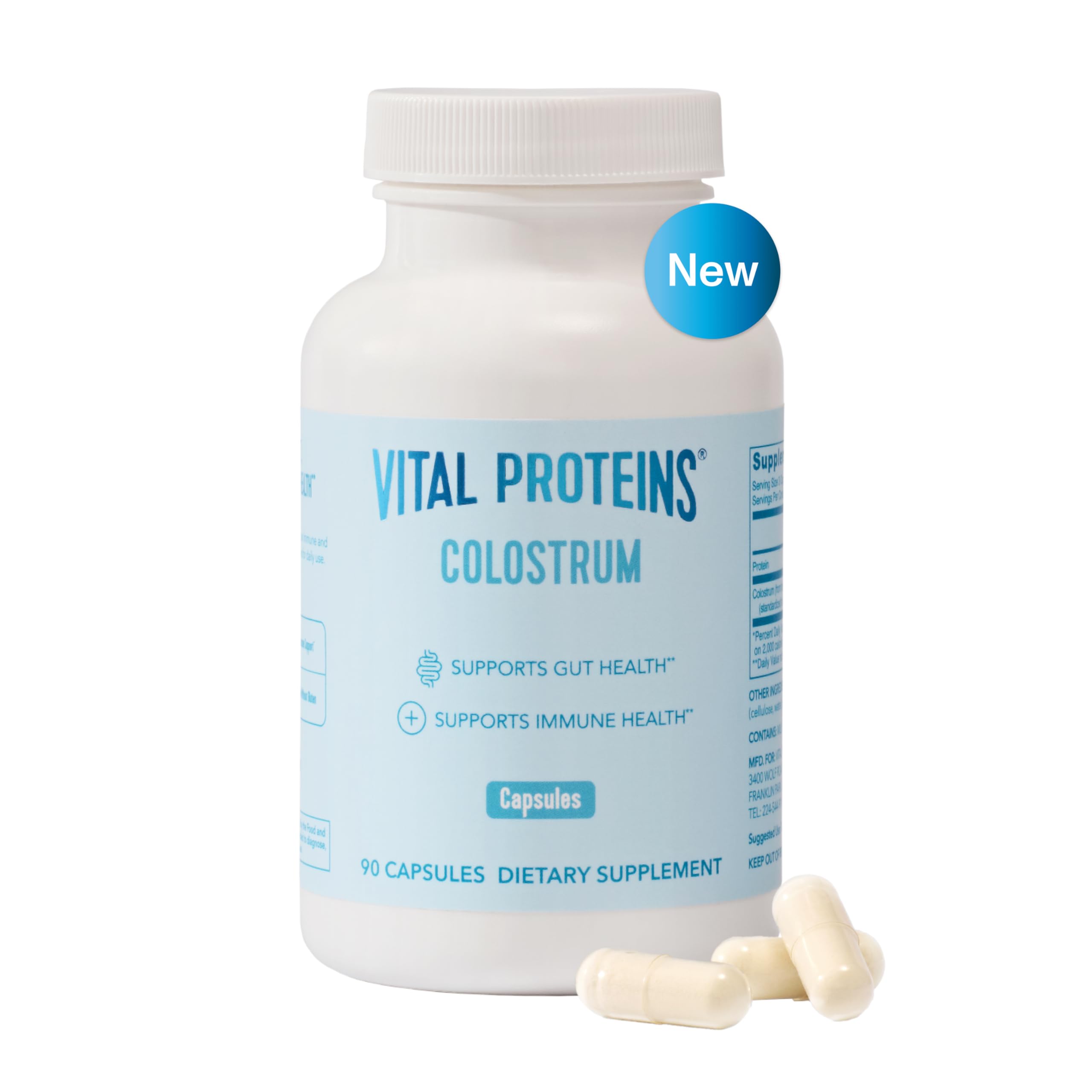 Vital Proteins bovine colostrum capsules bottle for easy daily immune support.