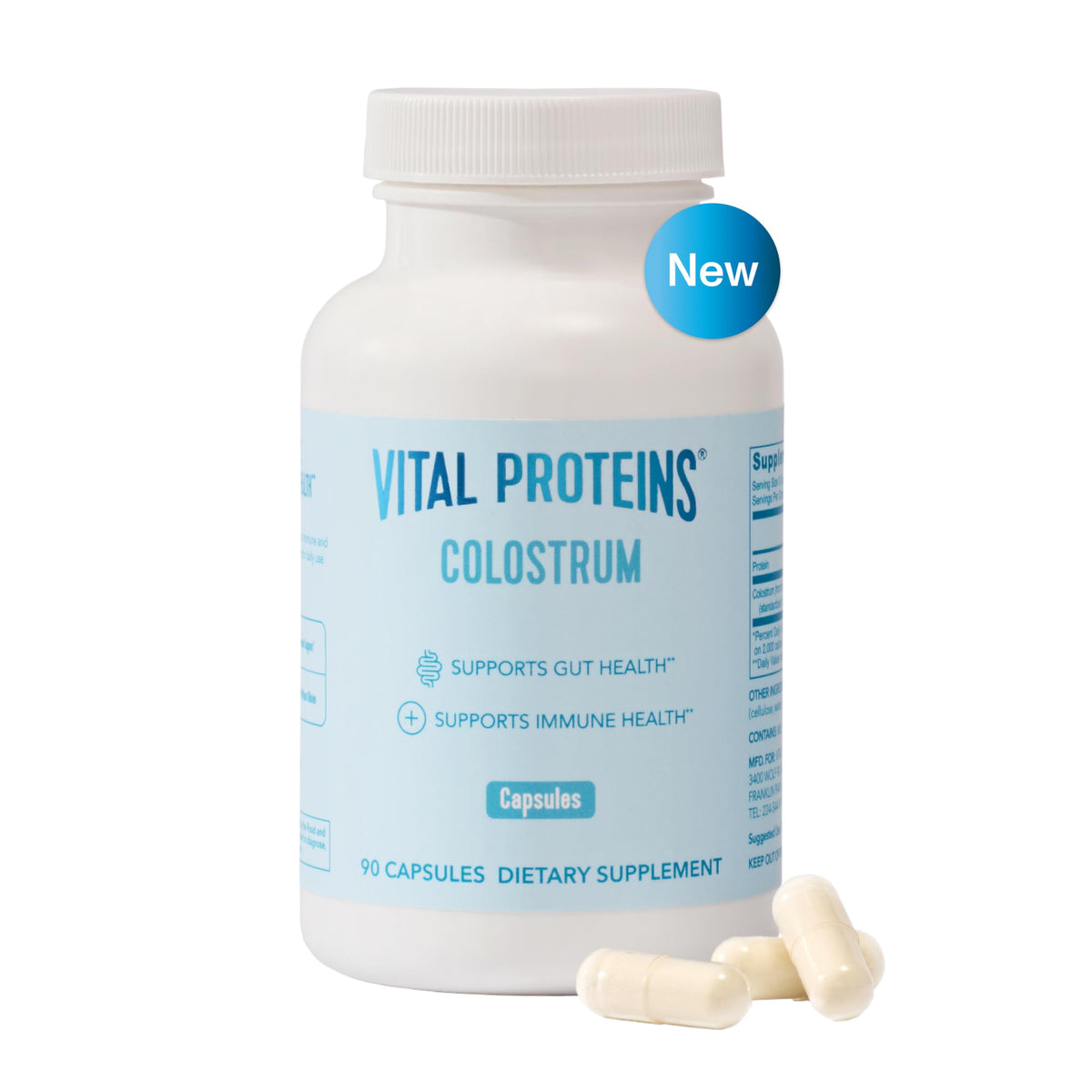 Vital Proteins bovine colostrum capsules bottle for easy daily immune support.