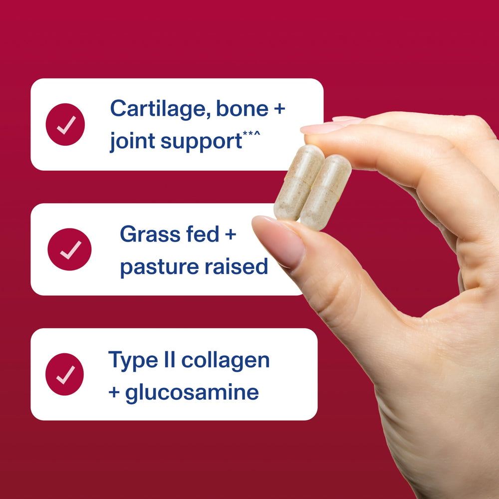 Vital Proteins Cartilage capsules aligned for daily routine on white background.